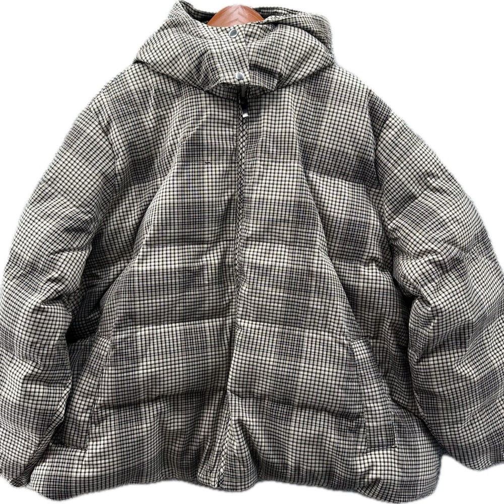A New Day Black Plaid Hooded Puffer Jacket Coat